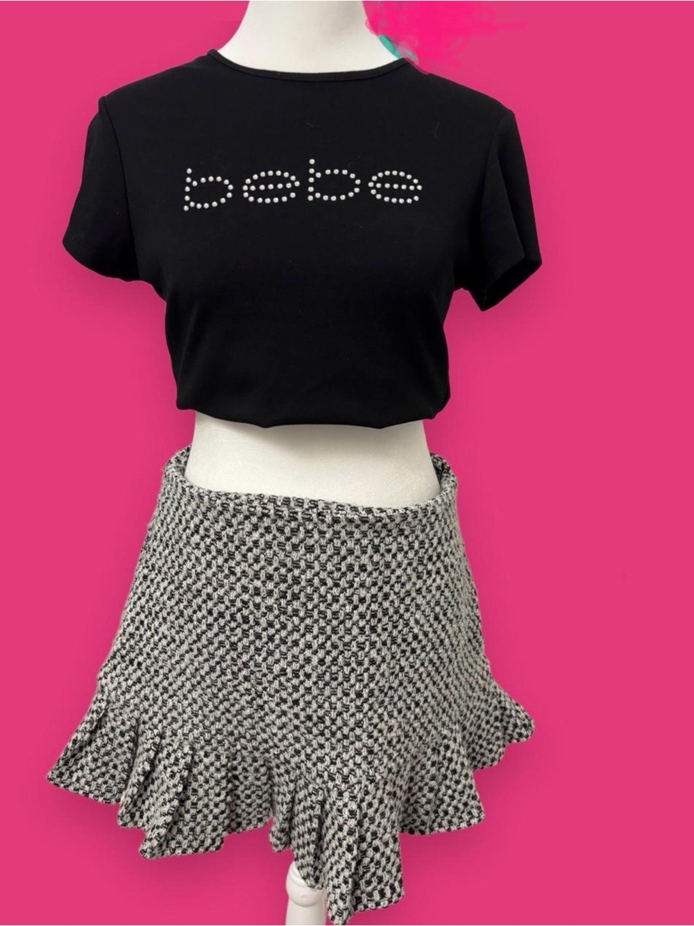 💎 Bebe Y2K Rhinestone Logo Baby Tee Black Crop Top L
